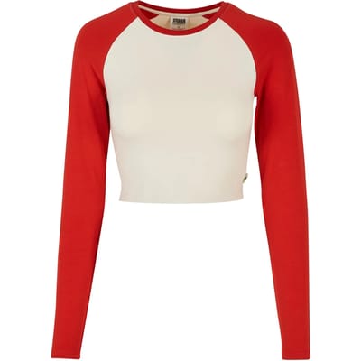 Urban Classics - Organic Cropped Retro Baseball Longsleeve top - 3XL - Gebroken wit/Rood