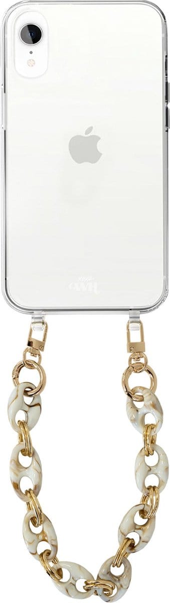 xoxo Wildhearts silicone case met koord - Transparant telefoonhoesje met koord - telefoonketting - Marble Creme - Kort koord - Cord Case - geschikt voor Apple iPhone XR hoesje - Ketting met marmere look - marmer - creme / beige