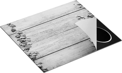 Chefcare Inductie Beschermer Houten Planken met Groene Bladeren - Hout - Zwart Wit - 60x50 cm - Afdekplaat Inductie - Kookplaat Beschermer - Inductie Mat