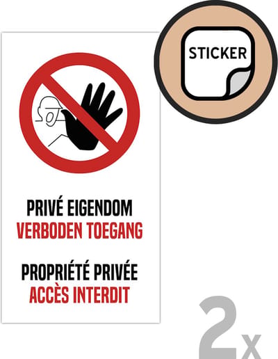 Pictogram/ stickers (2x) | "Privé eigendom, verboden toegang - Propriété privée, accès interdit" | 10 x 20 cm | Tweetalig | Sticker | Privaat | 2 stuks