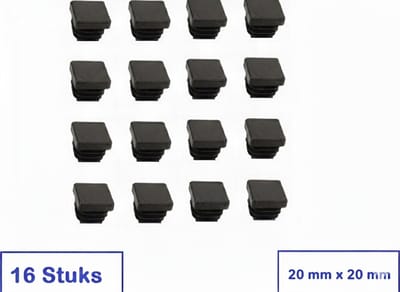 STOELDOP 20 MM X 20 MM - VIERKANT - 16 STUKS ( 4 STOELEN) - ZWART - INSTEEKDOP - STOELPOOTDOP - KUNSTSTOF
