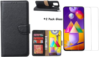 Hoesje Geschikt Voor Samsung Galaxy M31S Boek Hoesje / Wallet cover - Zwart Met 2X glas Screenprotector