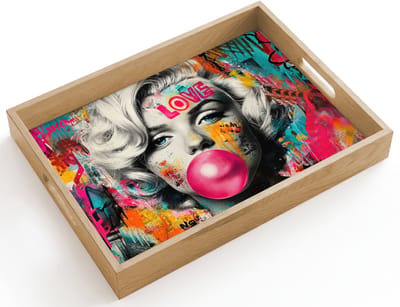 Dienblad hout 40x30 cm - Schootdienblad - Vrouw - Kauwgom - Graffiti - Neonkleuren - Borrelplank rechthoek - Plateau dienbladen