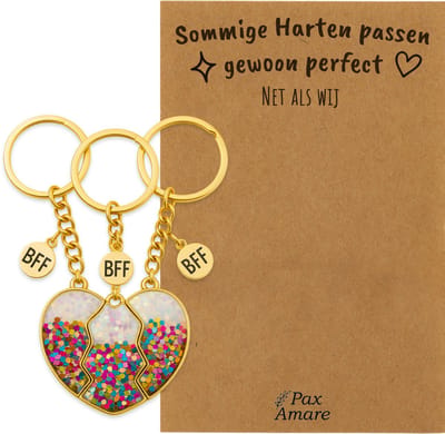BFF Sleutelhanger voor 3 'Sommige harten passen perfect' - Magnetisch Glitter Hartje - Sleutelhanger set op Cadeau Kaartje - Goudkleurig - Vriendschap Symbool - Pax Amare