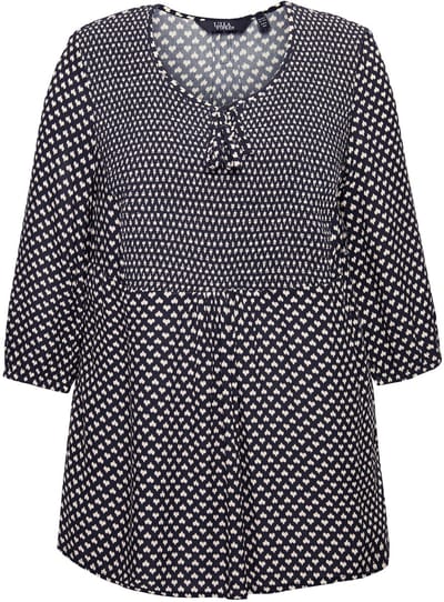 Ulla Popken - Dames - Gerimpelde blouse hartjes A-lijn ronde hals 3/4-mouwen - Zwart - Maat 46+