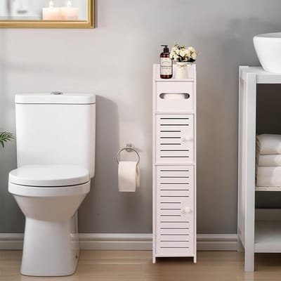 Toiletpapierhouder Stand voor Badkamer, Opbergkast met Deuren en Planken, Slimme Oplossing voor Kleine Ruimtes en Hoeken - Wit