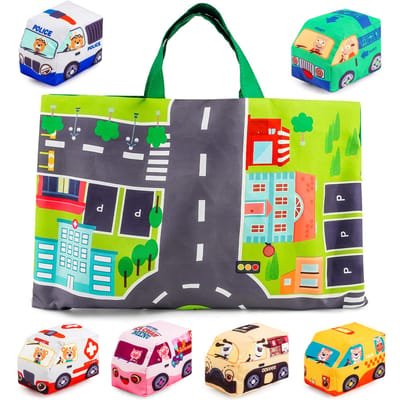 Jouet Voiture Douce Montessori pour Bébé avec Tapis Carte à Jouer et Sac de Rangement