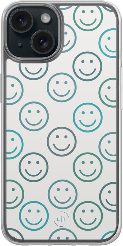 Hoesje geschikt voor iPhone 15 - Happy smileys - 2in1 backcover - Print / Illustratie - Blauw - Leuke Telefoonhoesjes