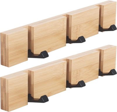 Homium Wandkapstok van bamboe 3 haken - set 2 stuks - hout - 30 cm - muurkapstok