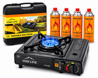 SMH LINE Camping kooktoestel - Incl. 4x Gasflessen - Draagbaar Gasfornuis - Koffer - Noodpakket