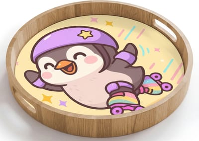 Dienblad rond 40x40 cm - Schootdienblad hout - Pinguïn - Rolschaatsen - Geel - Energiek - Borrelplank rechthoek - Plateau houten dienbladen