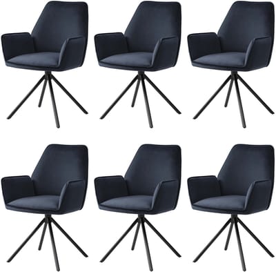 Set van 6 eetkamerstoelen MCW-G67, keukenstoel armleuning, draaibare auto positie, fluweel MVG ~ antraciet-blauw, zwarte poten