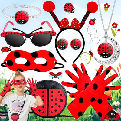 Complete Set van 10 Delen voor Lieveheersbeestje Kostuumaccessoires voor Meisjes met Handschoenen, Masker, Haarbanden, Ketting, Armband en Oorbellen