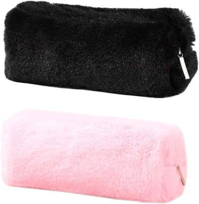 Etui, 2 kleuren Etui, Meisje, schattig zacht, zacht, pluizig etui, cosmeticatas, potloodhouder, make-upzak met rits, lichtroze/zwart