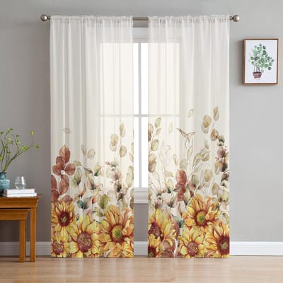 Eucalyptus Bladeren Boerderij Plant Herfst Voile Transparante Gordijnen Woonkamer Raam Tule Gordijn Keuken Slaapkamer Gordijnen Huisdecoratie 135W x 114H(cm)