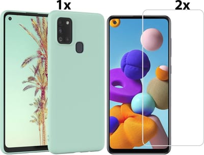 Hoesje Geschikt Voor Samsung Galaxy A21s Hoesje Soft Nano Silicone Backcover Gel Turqoise Met 2x Glazen Screenprotector