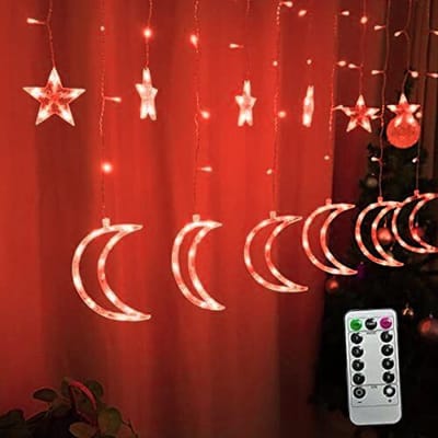Kerst / Ramadan Verlichting Raam Versiering Gordijn Maan Met Lichtjes - 3.5 x 1.0 Meter - Rode LED Lichtjes