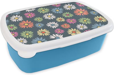 Broodtrommel Blauw - Lunchbox - Brooddoos - Regenboog - Design - Bloemen - Flora - 18x12x6 cm - Kinderen - Jongen