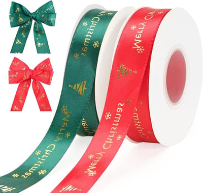 Kerstlinten set van 2 rollen, 25 mm breed, rood en groen lint, 25 meter per rol, polyester lint met kerstboomprint, voor cadeauverpakking, Kerstmis, bruiloften en doopfeesten.