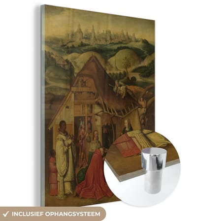 ® Glasschilderij 120x160 cm - Schilderij acrylglas - De aanbidding der koningen - Schilderij van Jheronimus Bosch - Foto op glas - Muurdecoratie woonkamer - Wanddecoratie slaapkamer - Schilderijen