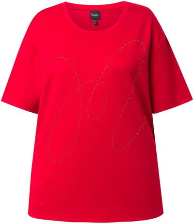 Ulla Popken - Dames - Sweatshirt siersteentjes ronde hals korte mouwen modalmix - Lychee - Maat 42+
