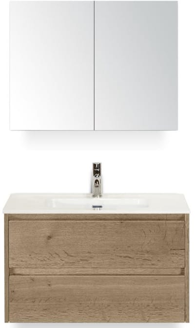Dante Badmeubelset 80 cm - Natuur Eiken - Keramische Wastafel Wit Cover met Spiegelkast