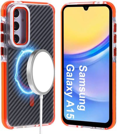 Magsafe Hoesje Geschikt voor Samsung A15 hoesje Oranje Heavy Duty Carbon Case met Versterkte Zijkanten, MagSafe en Camera Kickstand
