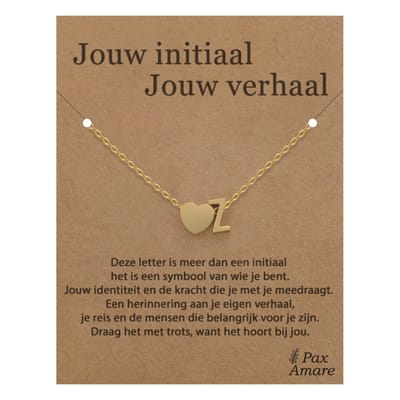 Letter Z ketting op Cadeau Kaartje - Jouw initiaal, jouw verhaal - 45cm Goudkleurig Stainless Steel - Initiaal & Hartje Hanger - Pax Amare