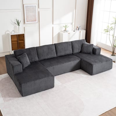 MODENUIT U-Bank 332 x 156 cm - Met Kussens En Zonder Montage - Voor Woonkamer En Slaapkamer - Ribstof Grijs