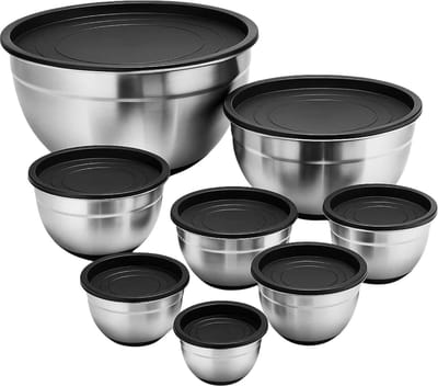 Lomera Rvs Mengkommen - Mengkommen Met Deksel - Set Van 8 - Stapelbaar - Beslagkommen Set - Afsluitbare Deksels - Keukenkommen - 201 Stainless Steel - Verschillende Groottes - 0.5L Tot 7L - Keuken Accessoires