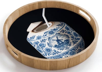 Dienblad rond 40x40 cm - Schootdienblad hout - Kokosnoot - Eten - Delfts blauw - Drinken - Borrelplank rechthoek - Plateau houten dienbladen