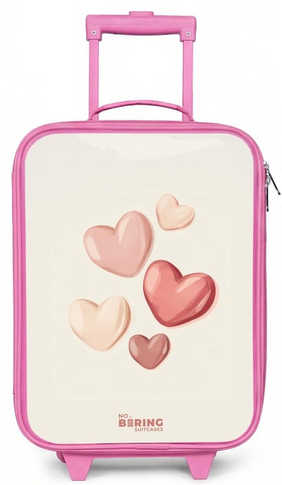 NoBoringSuitcases.com® - Kinderkoffer roze - Kindertrolley meisje - Zwevende harten in zachte rode en roze tinten - Koffer kind lichtgewicht - Reiskoffer trolley voor kinderen - Koffertje met lichtgevende wieltjes - Rolkoffer