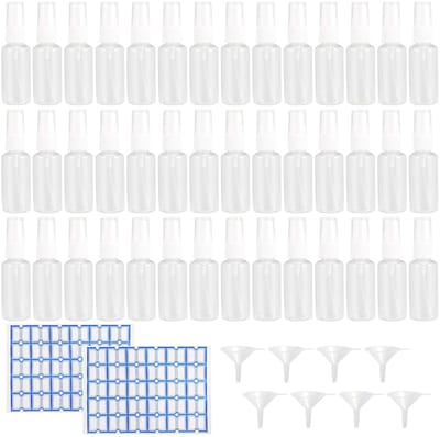 Allecto - Fijne Nevel Spuitflessen - 60 ml - Herbruikbaar - Transparant - Perfect voor Etherische Oliën - Inclusief Trechters en Etiketten - 50 Stuks