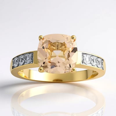 Cavill - 9 Karaat Geelgouden Elegante Verlovingsring - 1,585 ct AAA Marropino Morganiet Mozambique - Antieke Cushion Cut - 6 Tanzania Zirkonia's