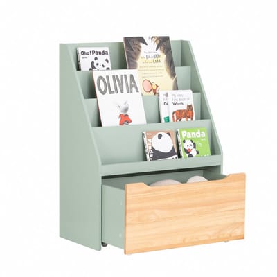 SoBuy Boekenrek voor Kinderen, Opbergkast voor Speelgoed en Boeken, 4 Vakken en 1 Lade met Wielen - Groen, 62x30x80 cm - KMB95-GR