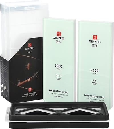 XinZuo - Professionele Slijpstenen Set met Glazen bases - Twee Stenen van Wit Korund met korrels van 1.000 en 5.000 - Met anti-slip houders en bewaardoos