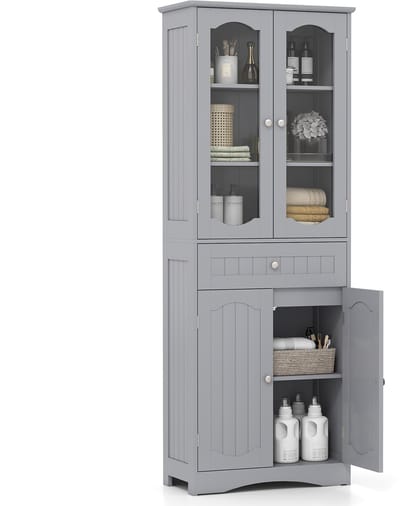 COSTWAY Badkamerkast, hoge badkamerkast met 4 deuren, lade en verstelbare plank, opbergkast voor woonkamer, badkamer, keuken, 60 x 30 x 160 cm (grijs)