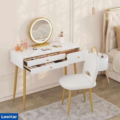LooMar Kaptafel met spiegel - Schminktafel - Make up tafel - Make up tafel met Spiegel - Wit - Goud