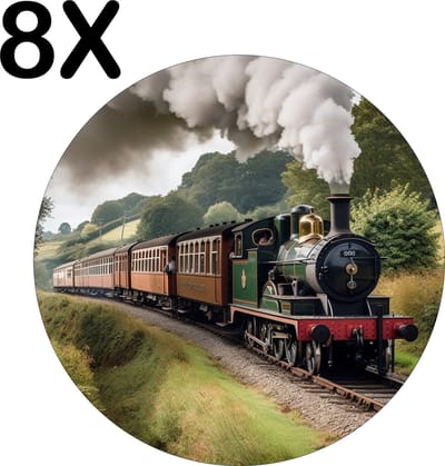 Luxe Ronde Placemat - Stoomtrein door de Bergen - Set van 8 Placemats - 50x50 cm - 2 mm dik Vinyl - Anti Slip - Afneembaar