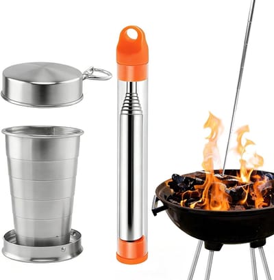 Overlevingsset voor camping en outdoor, 2-in-1 roestvrij staal, inklapbaar en draagbaar, ideaal voor barbecue en bushcraft avonturen