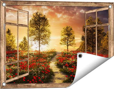 Gards Tuinposter Doorkijk Mooi Landschap met Rode Bloemen en Zonsondergang - 60x40 cm - Tuindoek - Tuindecoratie - Wanddecoratie buiten - Tuinschilderij