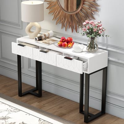 STILVORA Consoletafel Met 2 Laden – Geometrisch Frontdesign – Goudkleurig Metalen Frame – Verstelbare Voetdopjes – Voor Hal En Woonkamer – MDF – Zwart Wit