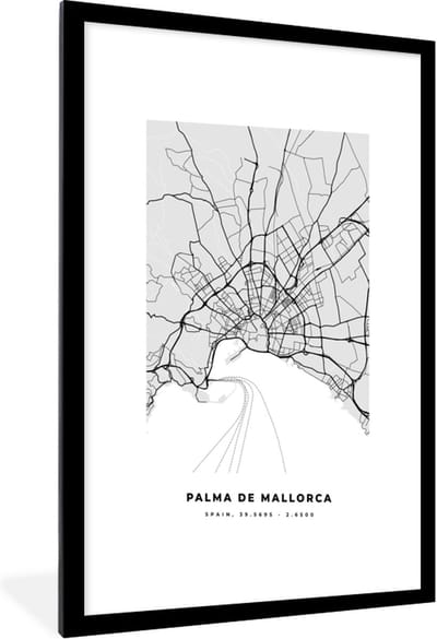 Fotolijst incl. Poster Zwart Wit- Mallorca - Stadskaart - Zwart Wit - Plattegrond - Kaart - 60x90 cm - Posterlijst