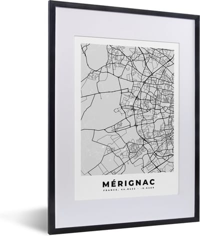 Fotolijst incl. Poster - Kaart - Stadskaart - Mérignac - Plattegrond - Frankrijk - 30x40 cm - Posterlijst
