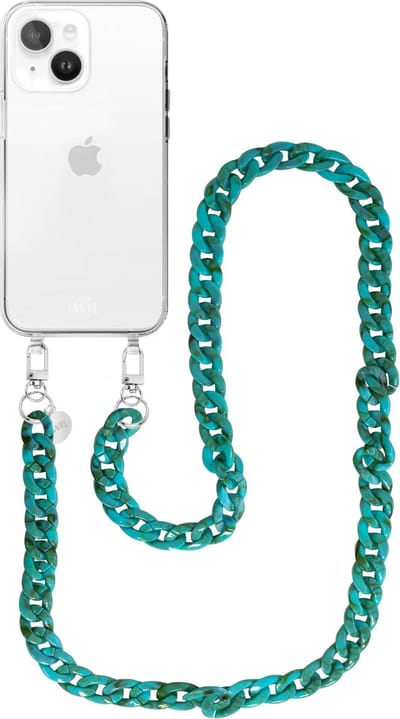 xoxo Wildhearts siliconen hoesje - Geschikt voor iPhone 15 Plus - Blue Ocean - Telefoonhoesje - Hoesje met koord - Blauw koord - lang telefoonkoord - Transparant hoesje (lange variant)