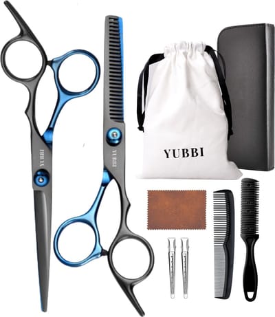 YUBBI Professionele Kappersschaar Set - 9 delig - Knipschaar - Coupeschaar - Uitdunschaar - Snijkam - Zwart Blauw