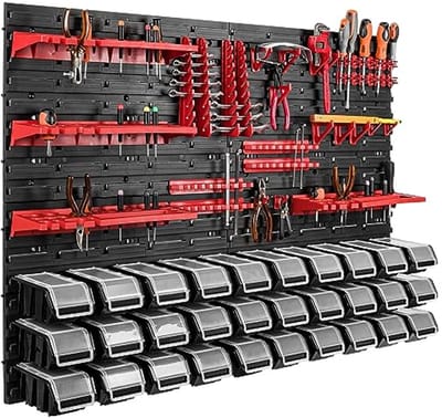 Werkplaatsrek Systeem - Opbergsysteem Garage - Gereedschap Organiseren - 30 Stapelboxen Inclusief - 115 x 78 cm - Zwart