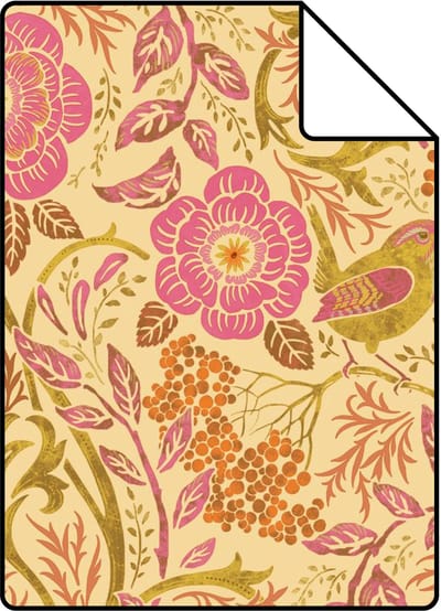 Proefstaal ESTAhome behang bloemen en vogels in art nouveau stijl geel en fuchsia roze - 26.5 x 21 cm - 131728-S