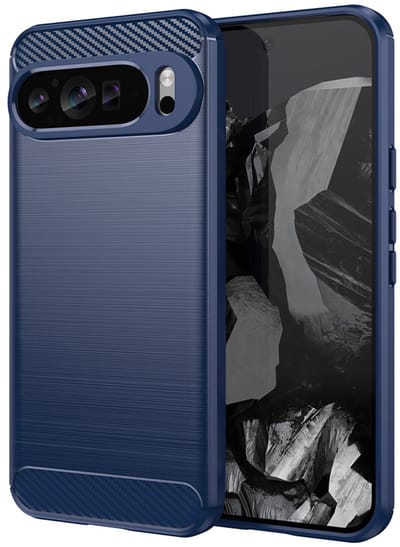 MobyDefend Hoesje - Geschikt voor Google Pixel 9 Pro XL - TPU Backcover - Geborstelde Metaal & Carbon-Look - Blauw