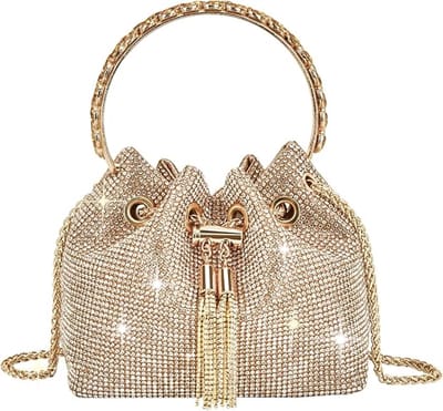 Dames Avondtas Met Strass - Handtas - Glitter Clutch Voor Feesten - 17x11x15cm - Met Afneembare Schouderband - Trouw & Party Accessoire - Goud